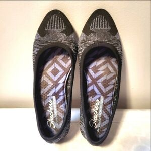 SKECHERS BALLET FLATS WOVEN STRIPED BLACK SILVER BOHO CLEO WHAM WOMENS SIZE 8